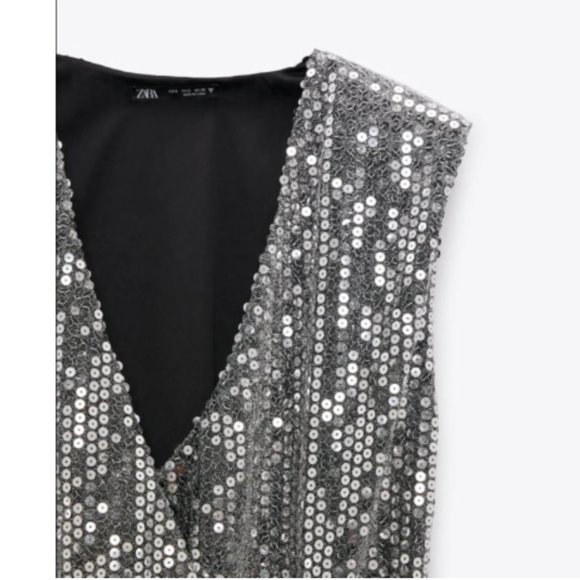 ZARA DRAPED WRAP  SILVER V NECK SEQUIN SHOULDER PADDED DRESS $119 - Picture 11 of 15